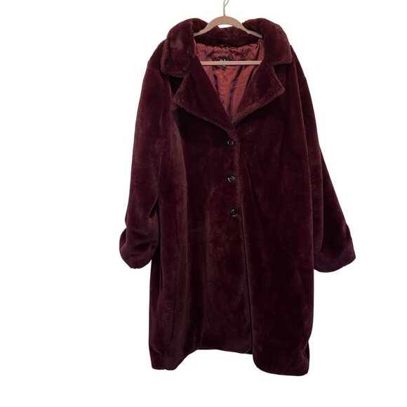 Ulla Popken Faux Fur Burgundy Coat Sz 20/30 USA Button-Down Longline Soft Outerw - Picture 1 of 5